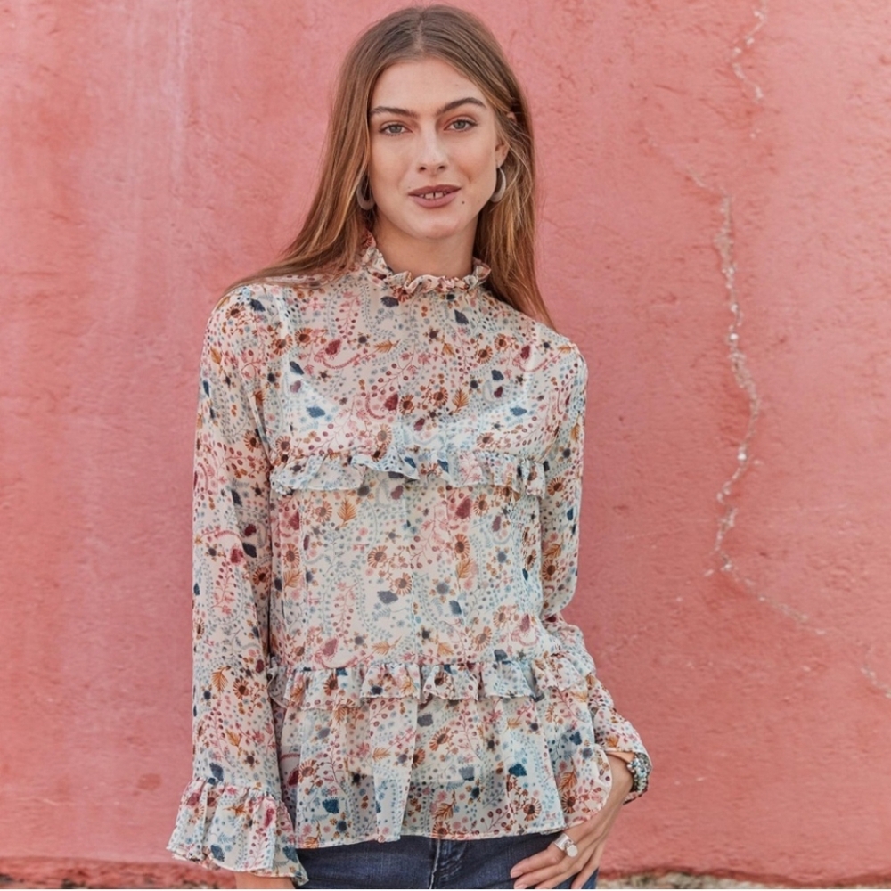 SUNDANCE Celina Top Tiered High Neck Boho Floral Blouse XL